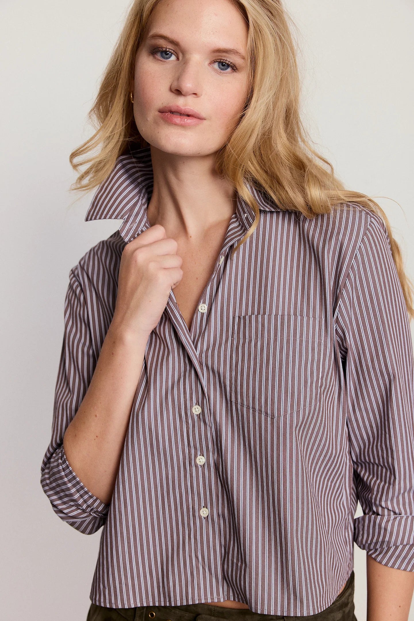 Long Sleeve Boxy Cropped Top in Brown Stripe