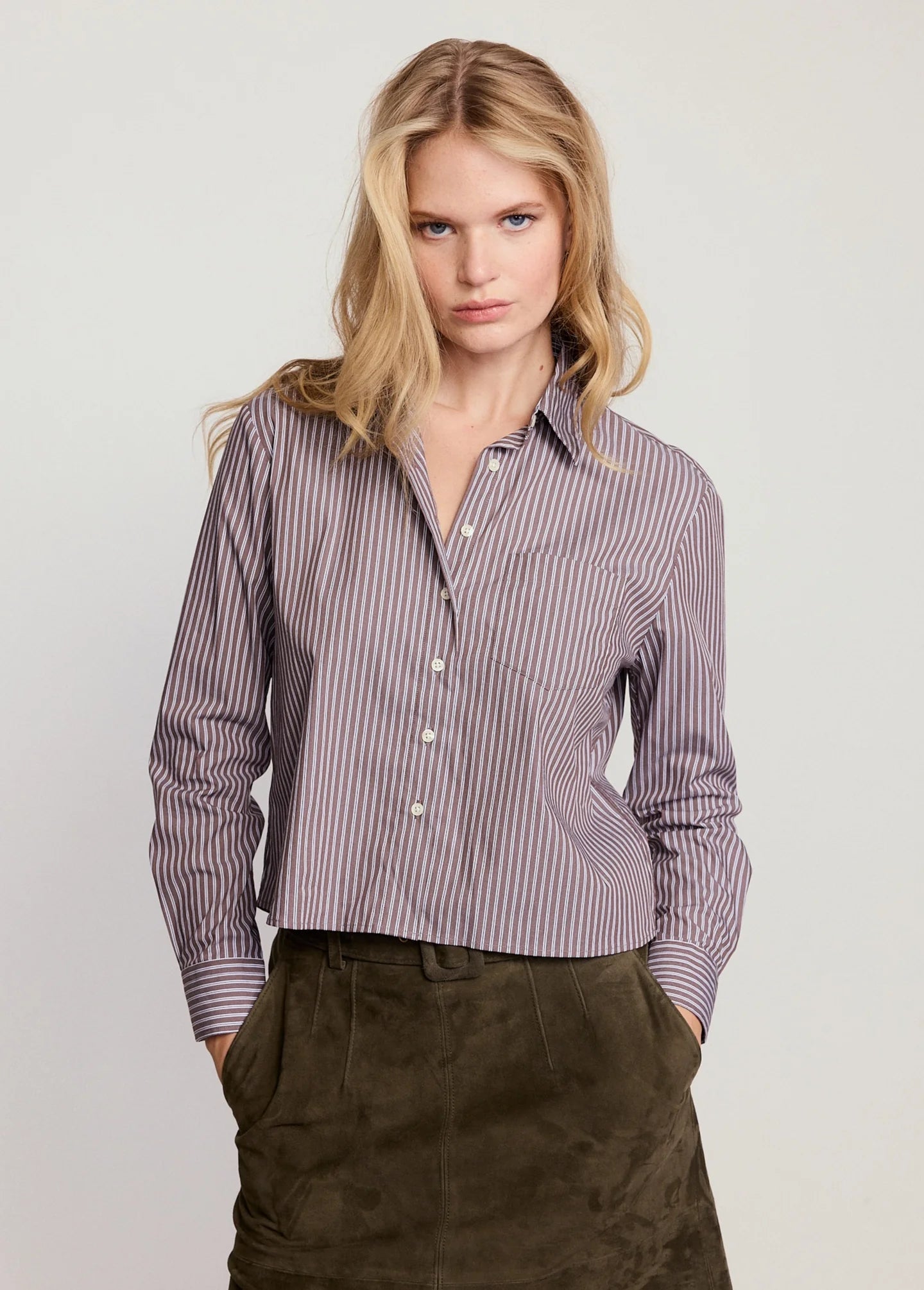 Long Sleeve Boxy Cropped Top in Brown Stripe