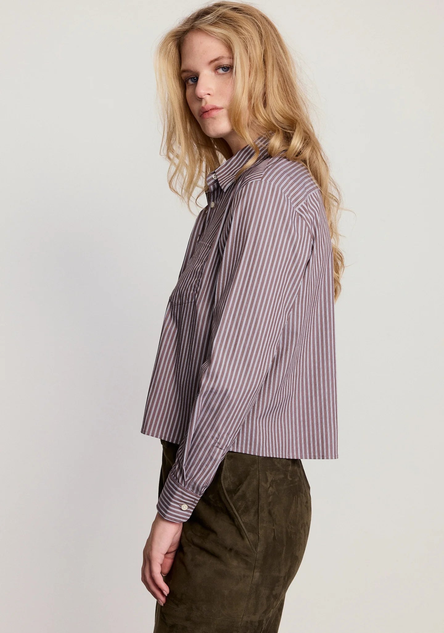 Long Sleeve Boxy Cropped Top in Brown Stripe