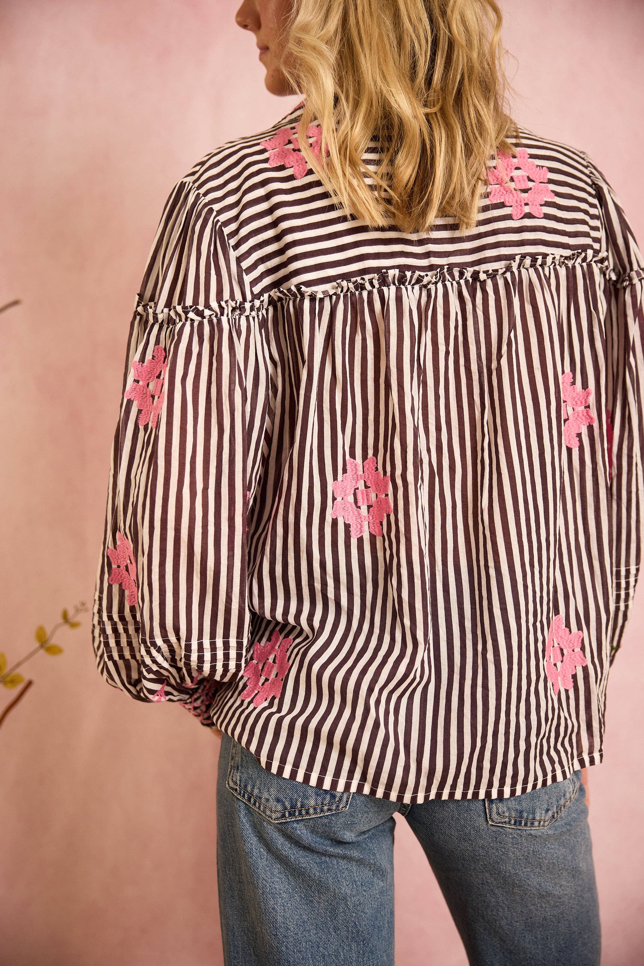 Frankie Blouse in Brown Stripe with Pink Embroidery