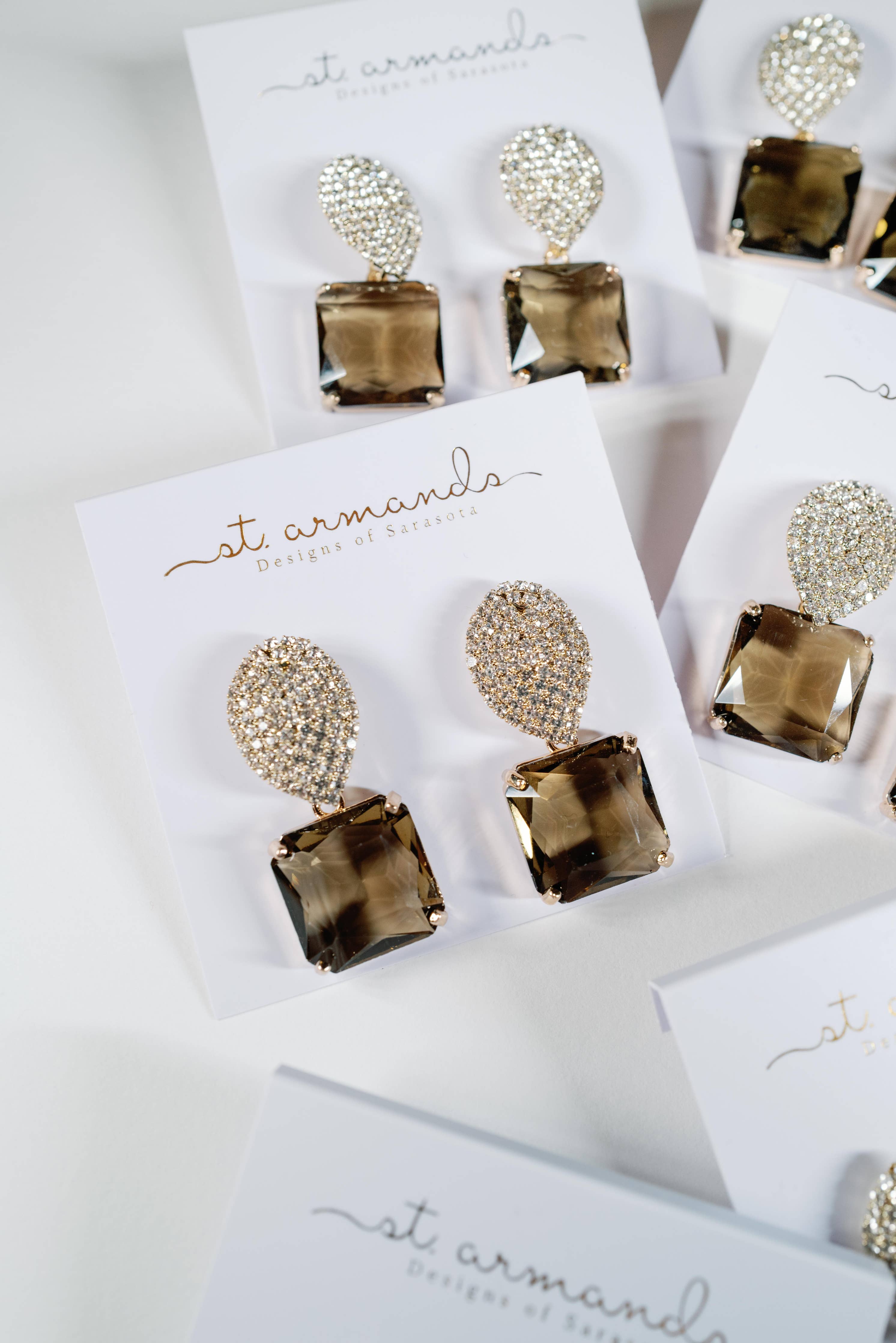 Smokey Brown Quartz Retro Pavé Crystal Gum Drop Earrings