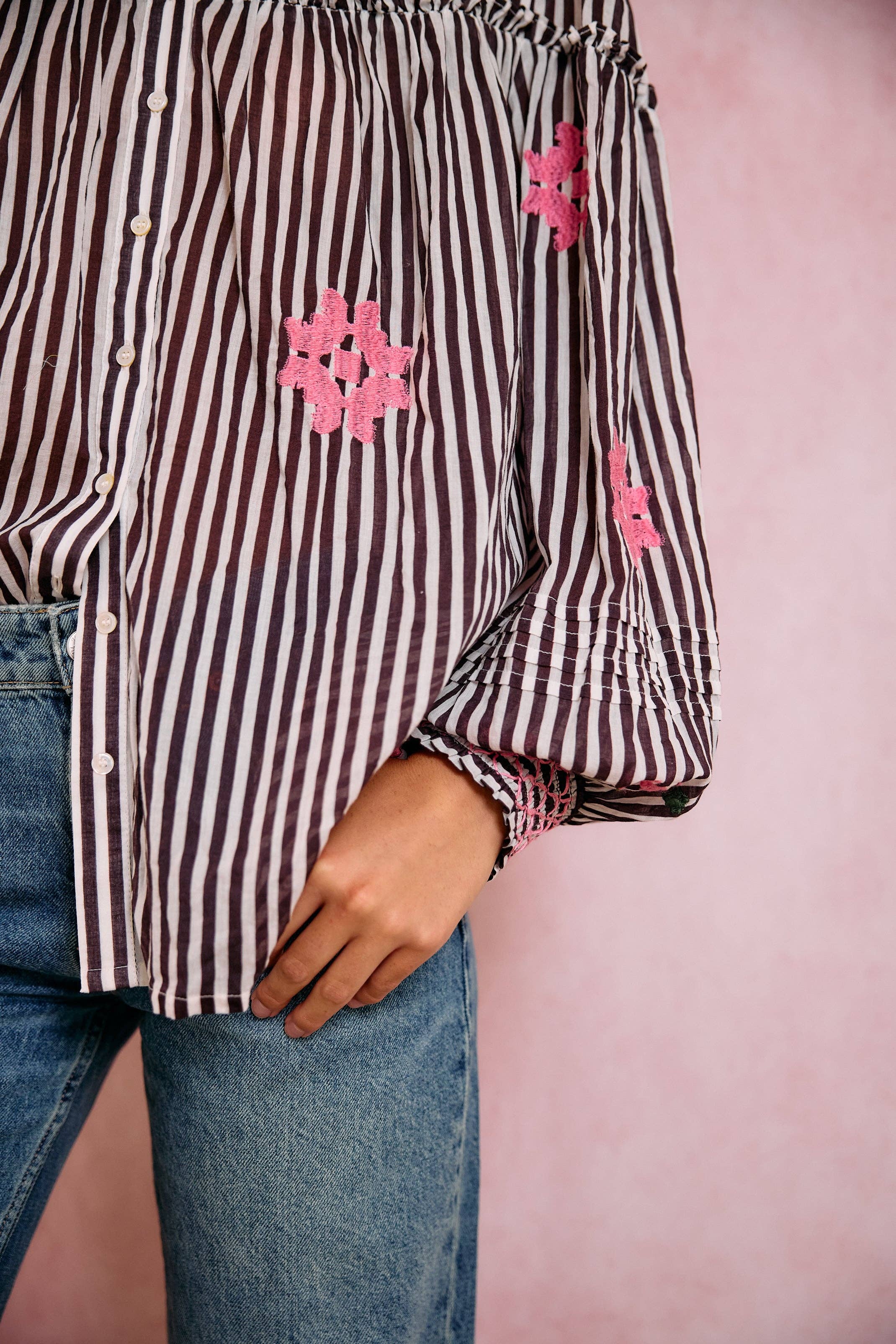 Frankie Blouse in Brown Stripe with Pink Embroidery