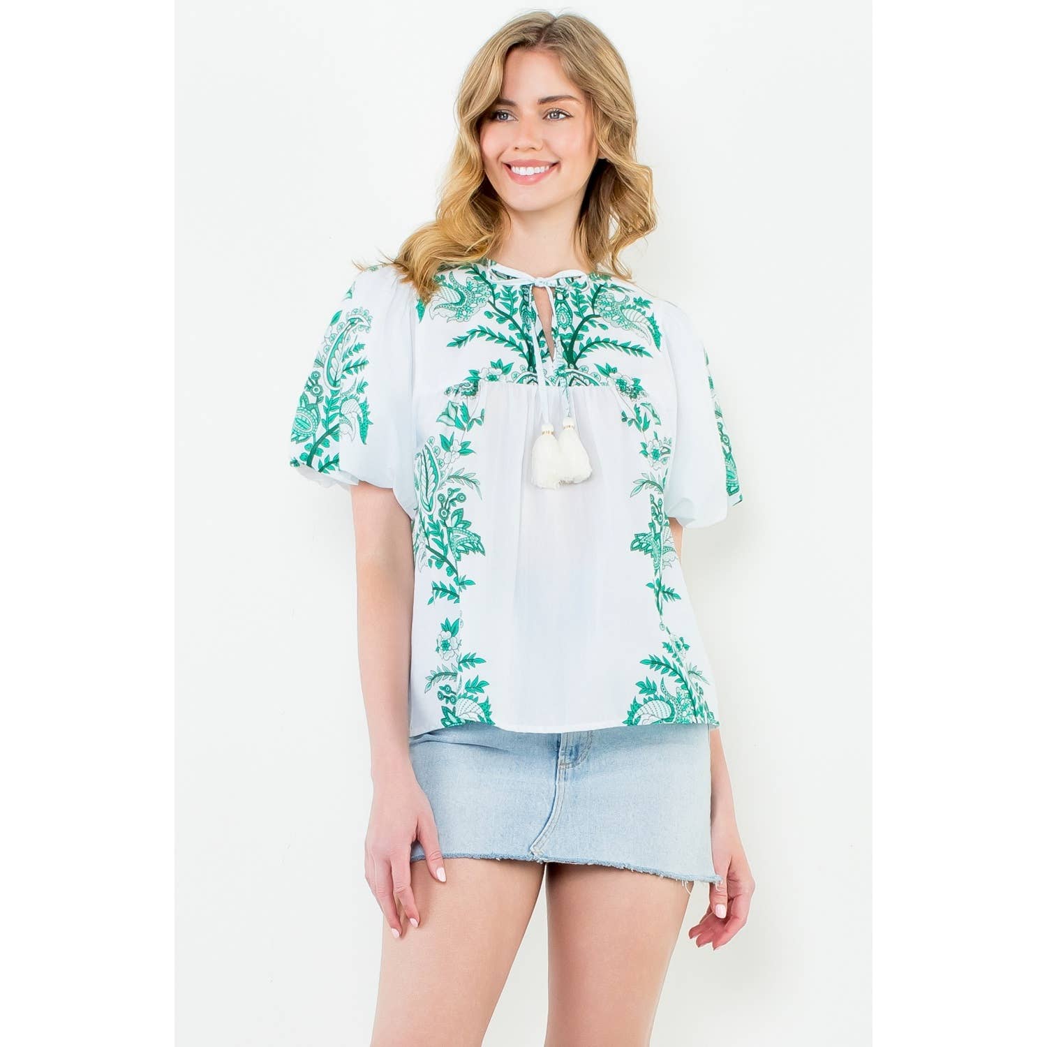 Tassel Tie Puff Sleeve Print Top in Green