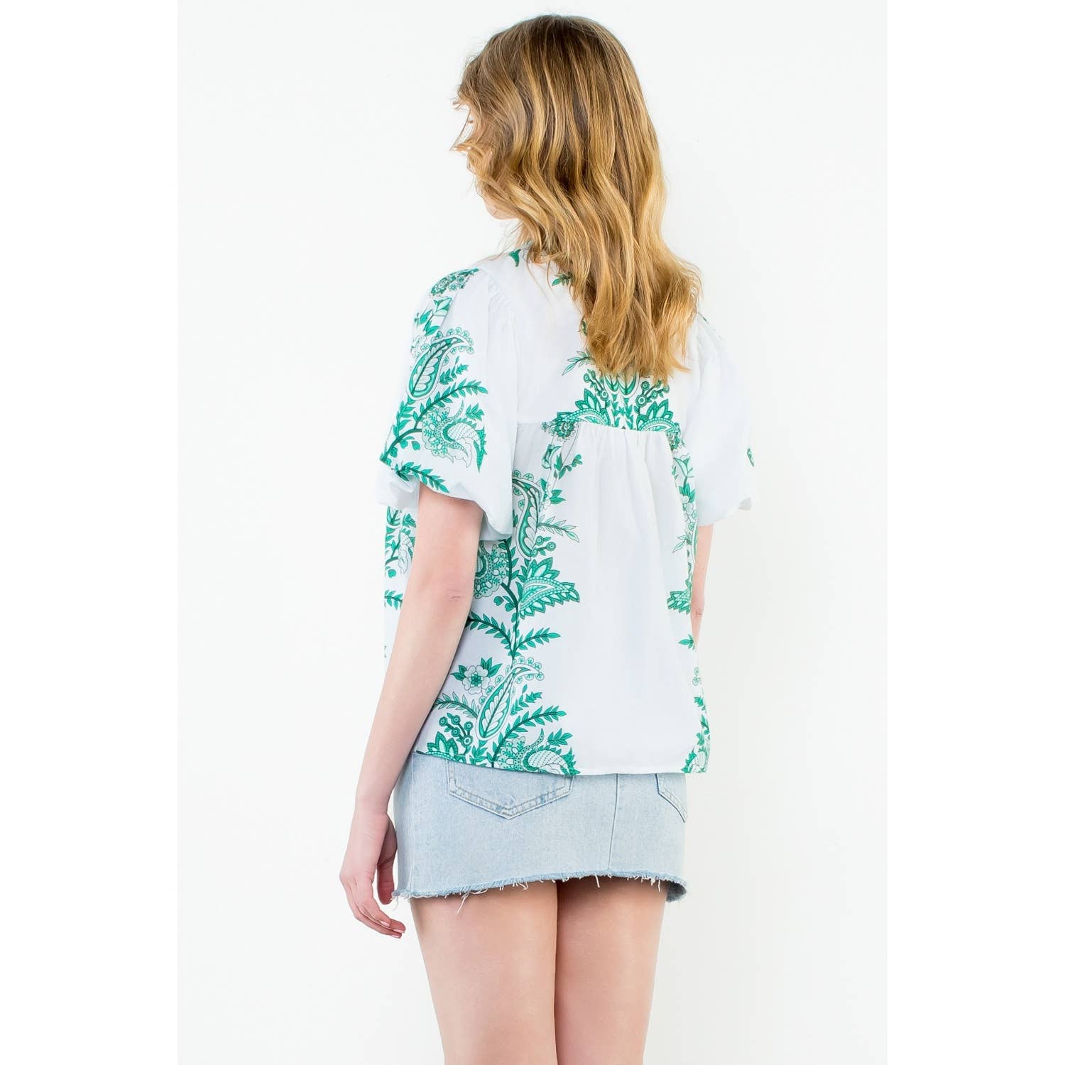 Tassel Tie Puff Sleeve Print Top in Green