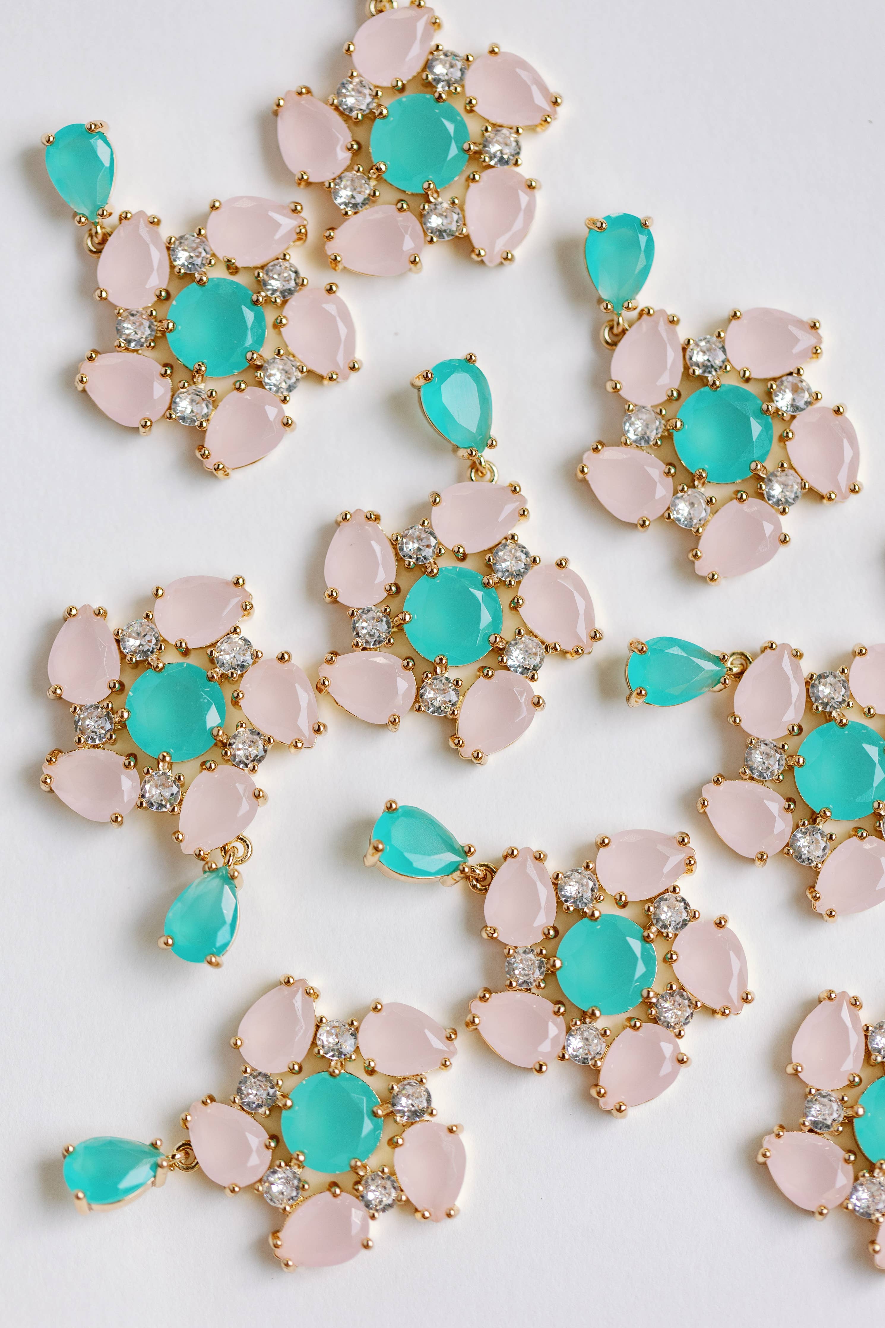 Pink and Turquoise Crystal Pinwheel Statement Earrings