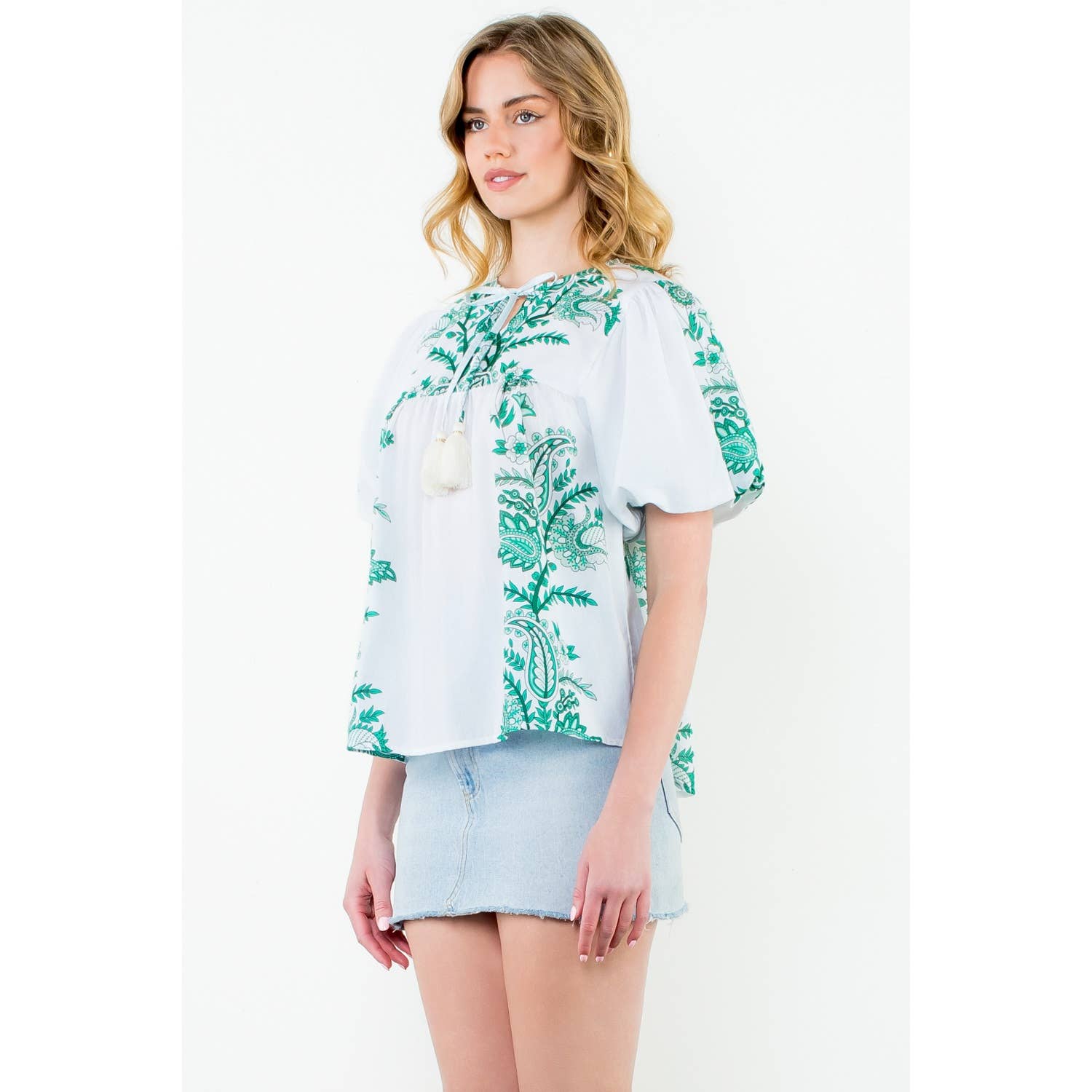 Tassel Tie Puff Sleeve Print Top in Green