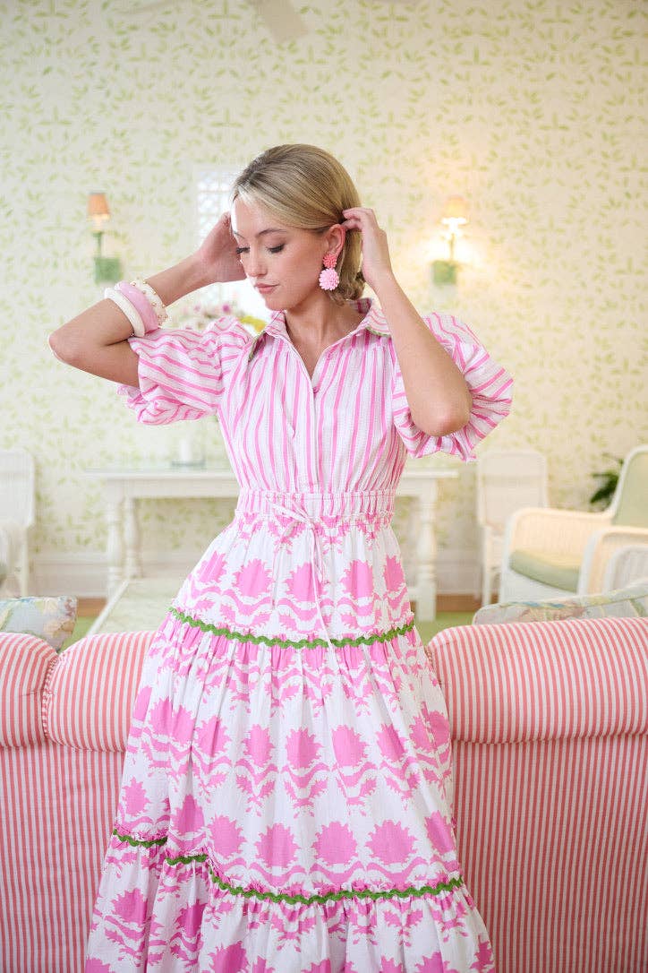 Banyan Puff Sleeve Dress in Pink Magnolia & Ticking Stripe