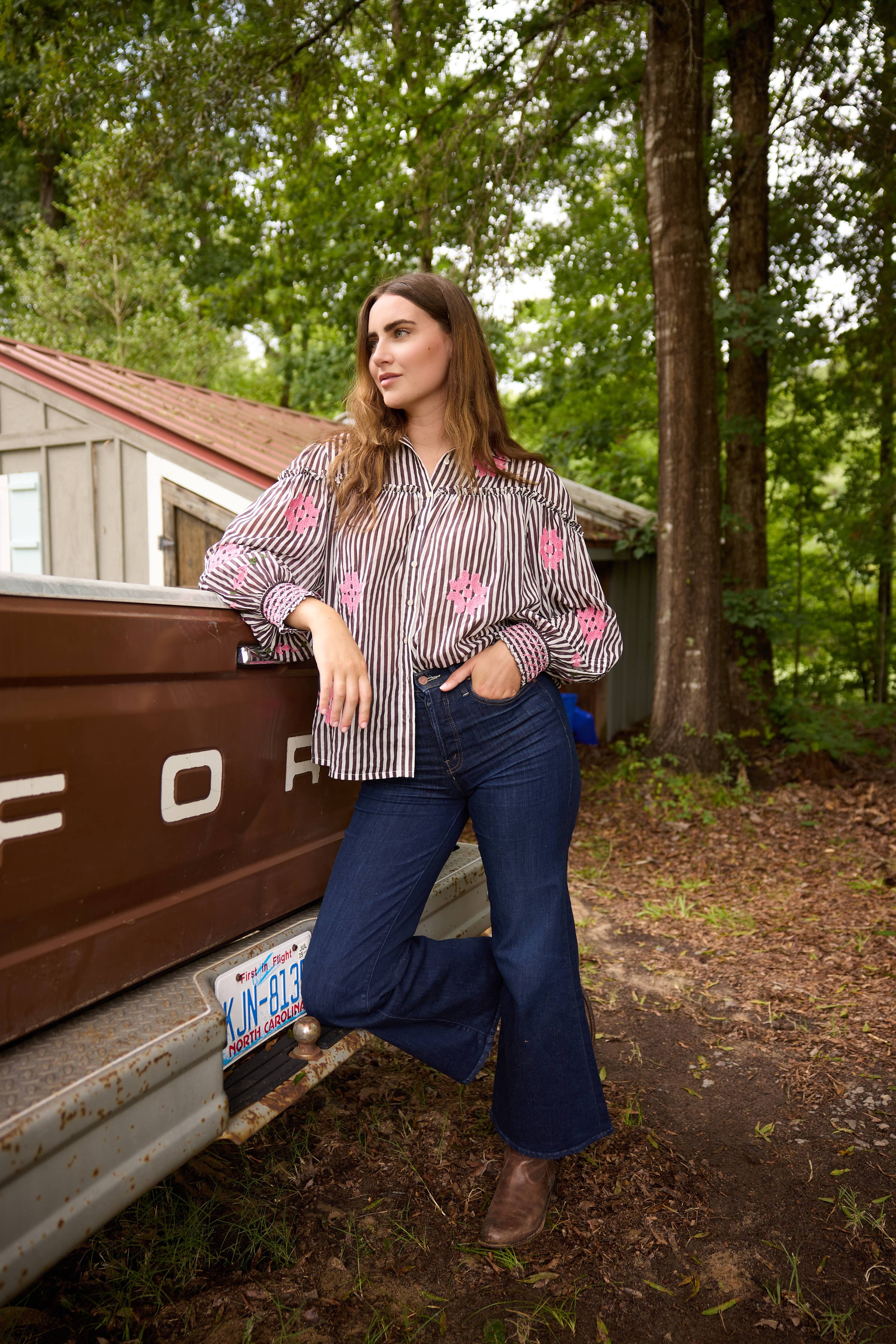 Frankie Blouse in Brown Stripe with Pink Embroidery