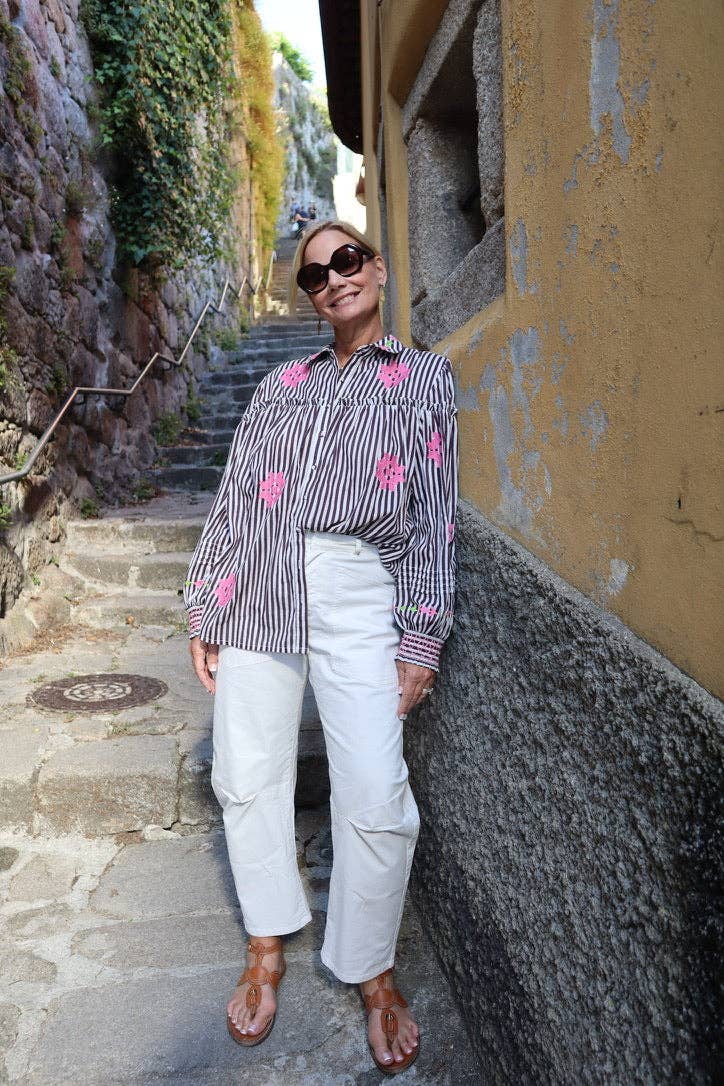 Frankie Blouse in Brown Stripe with Pink Embroidery