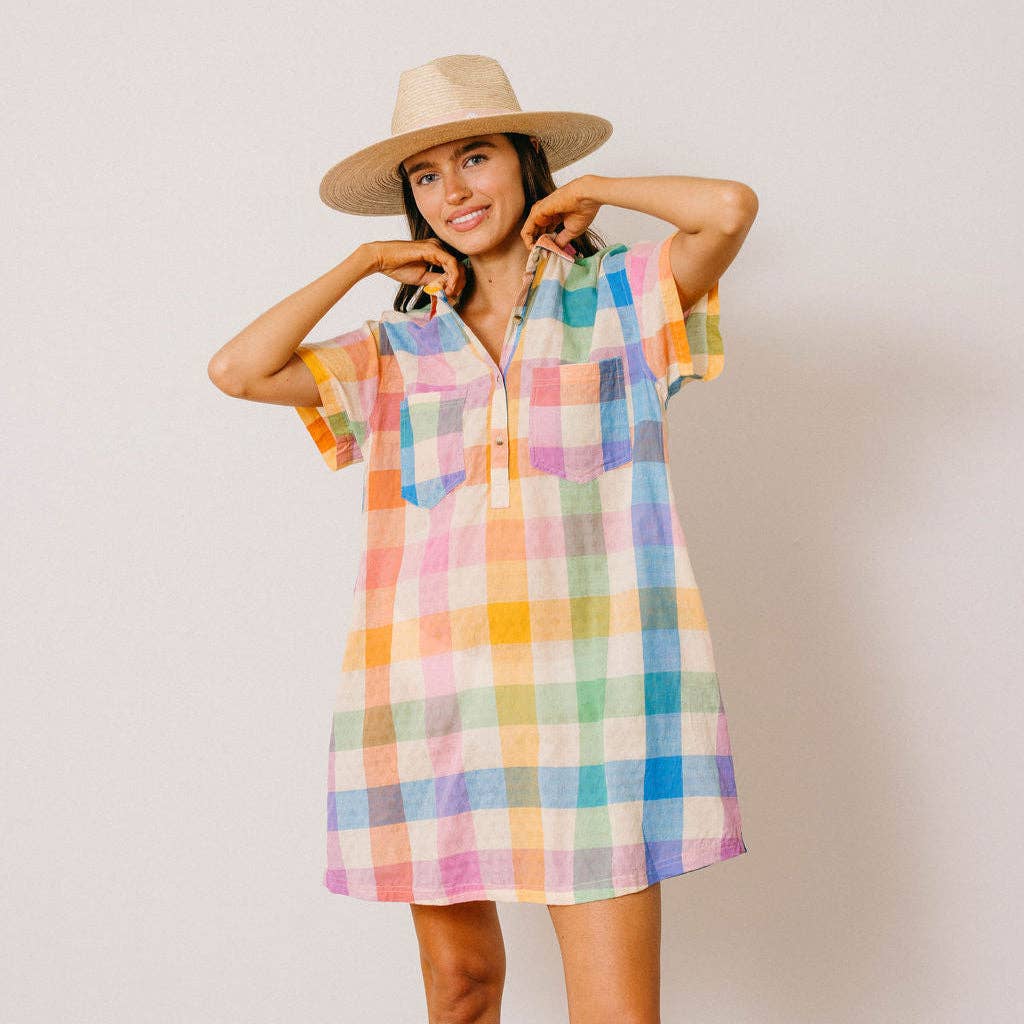 Getaway Mini Dress in Rainbow Plaid