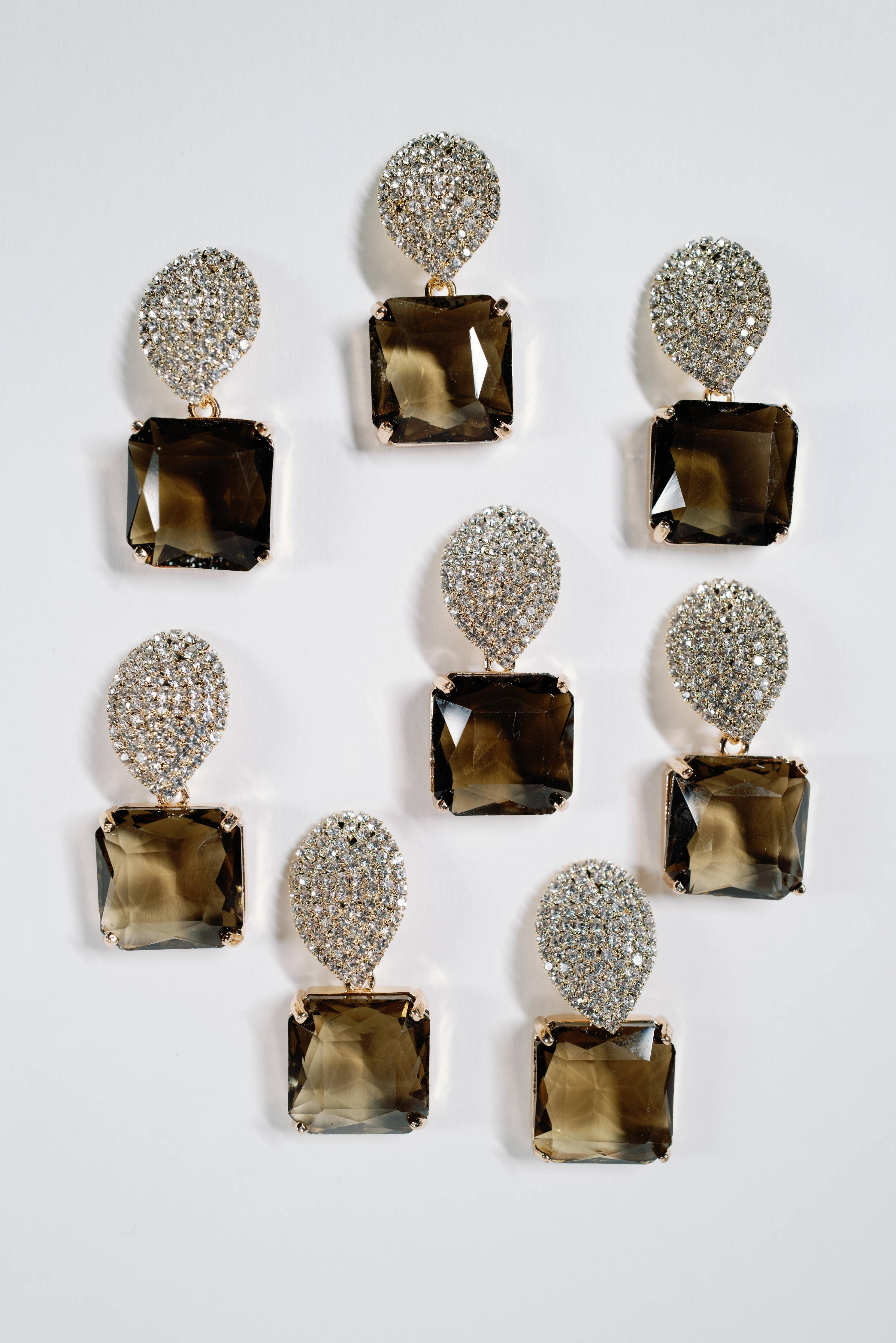 Smokey Brown Quartz Retro Pavé Crystal Gum Drop Earrings