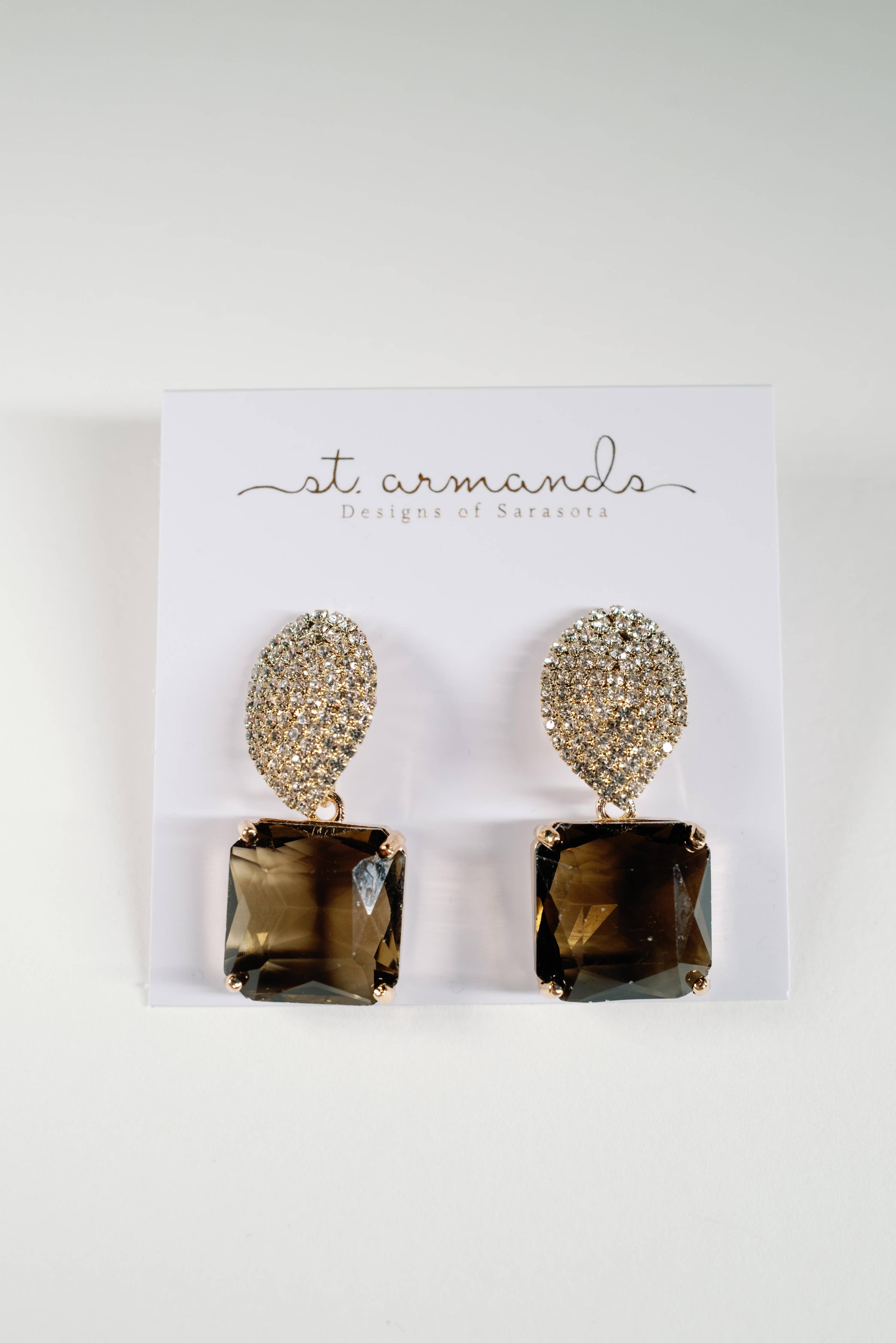 Smokey Brown Quartz Retro Pavé Crystal Gum Drop Earrings