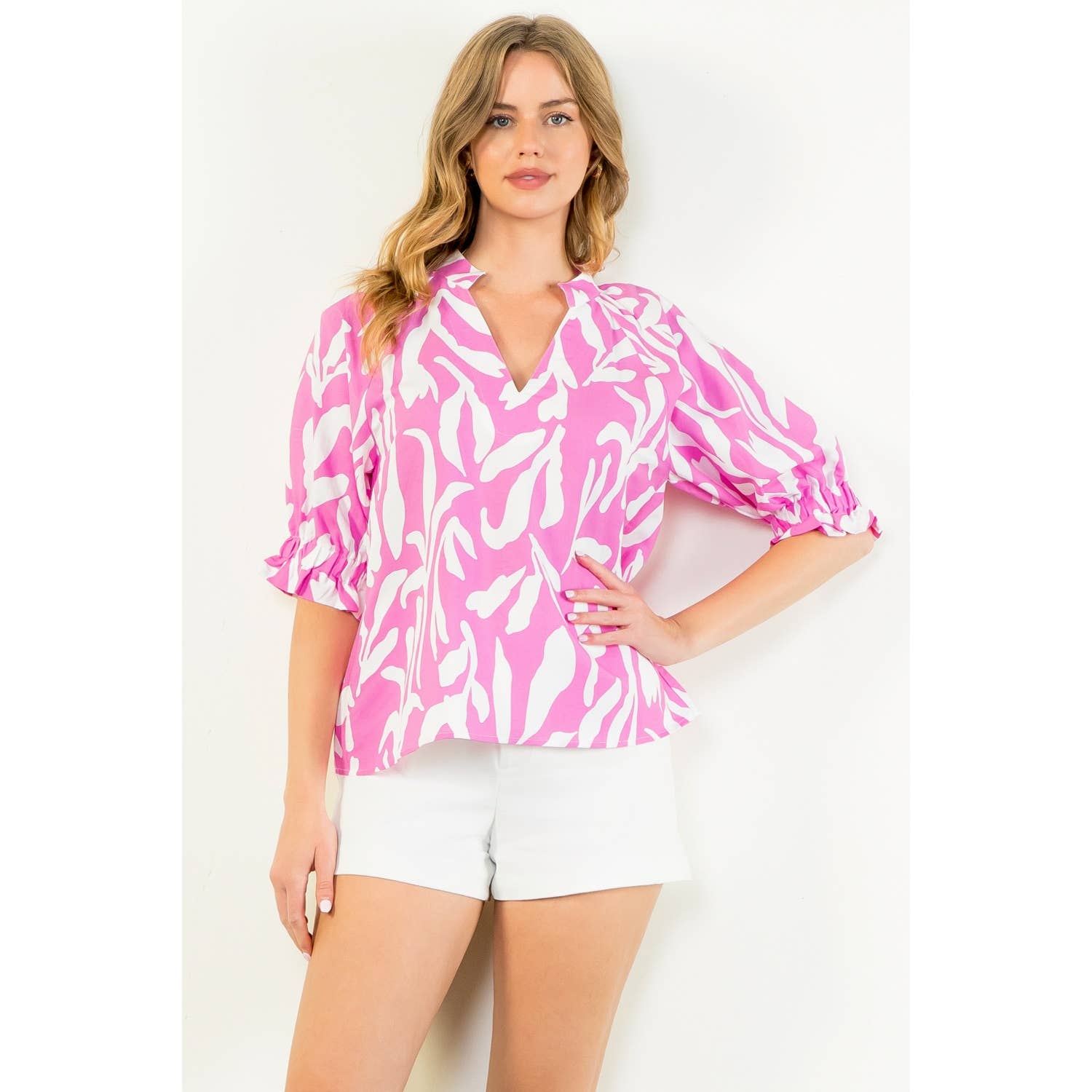 Spring Dream V-Neck Print Top in Pink