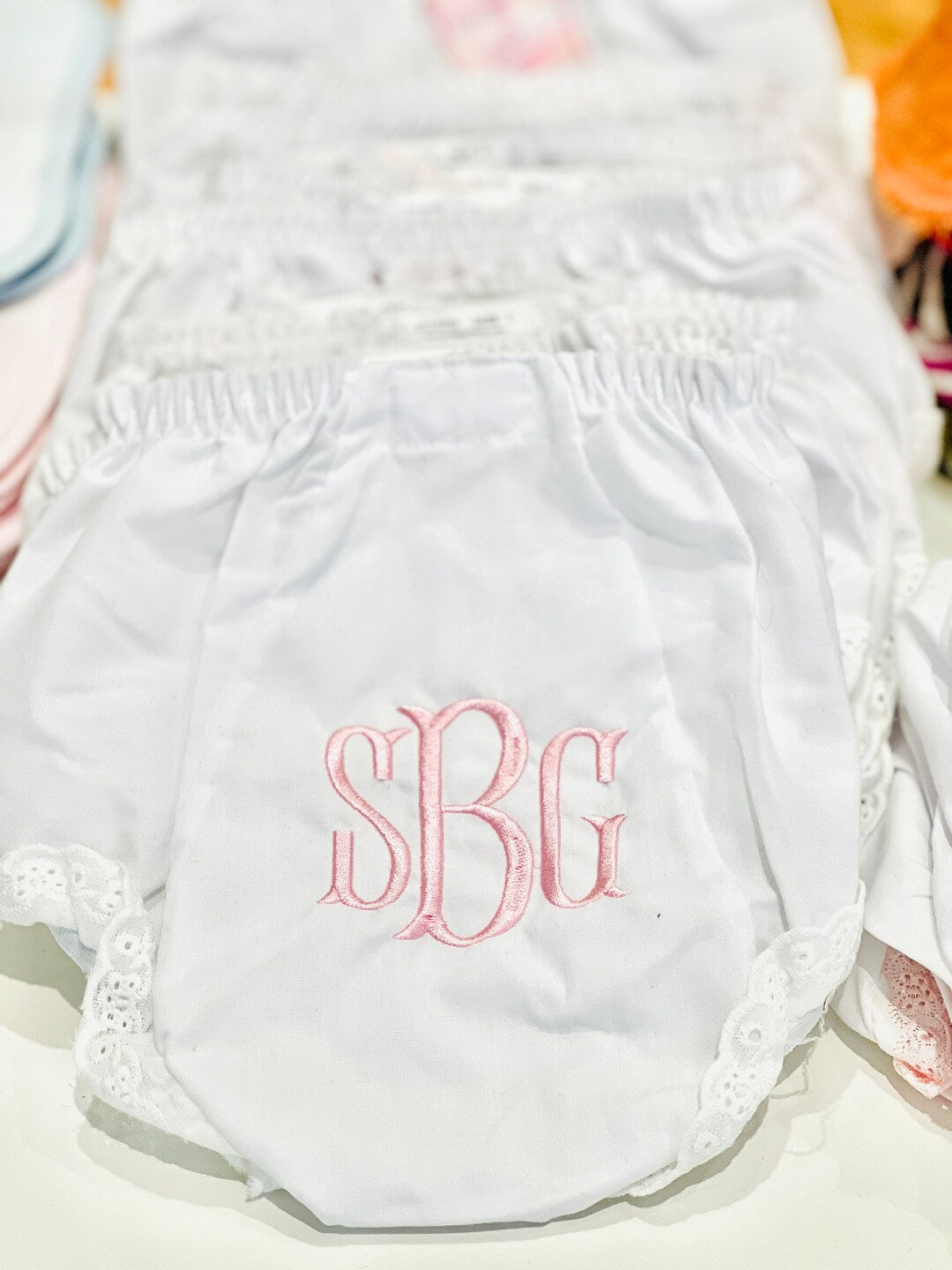 Baby Bloomer with White Lace Trim