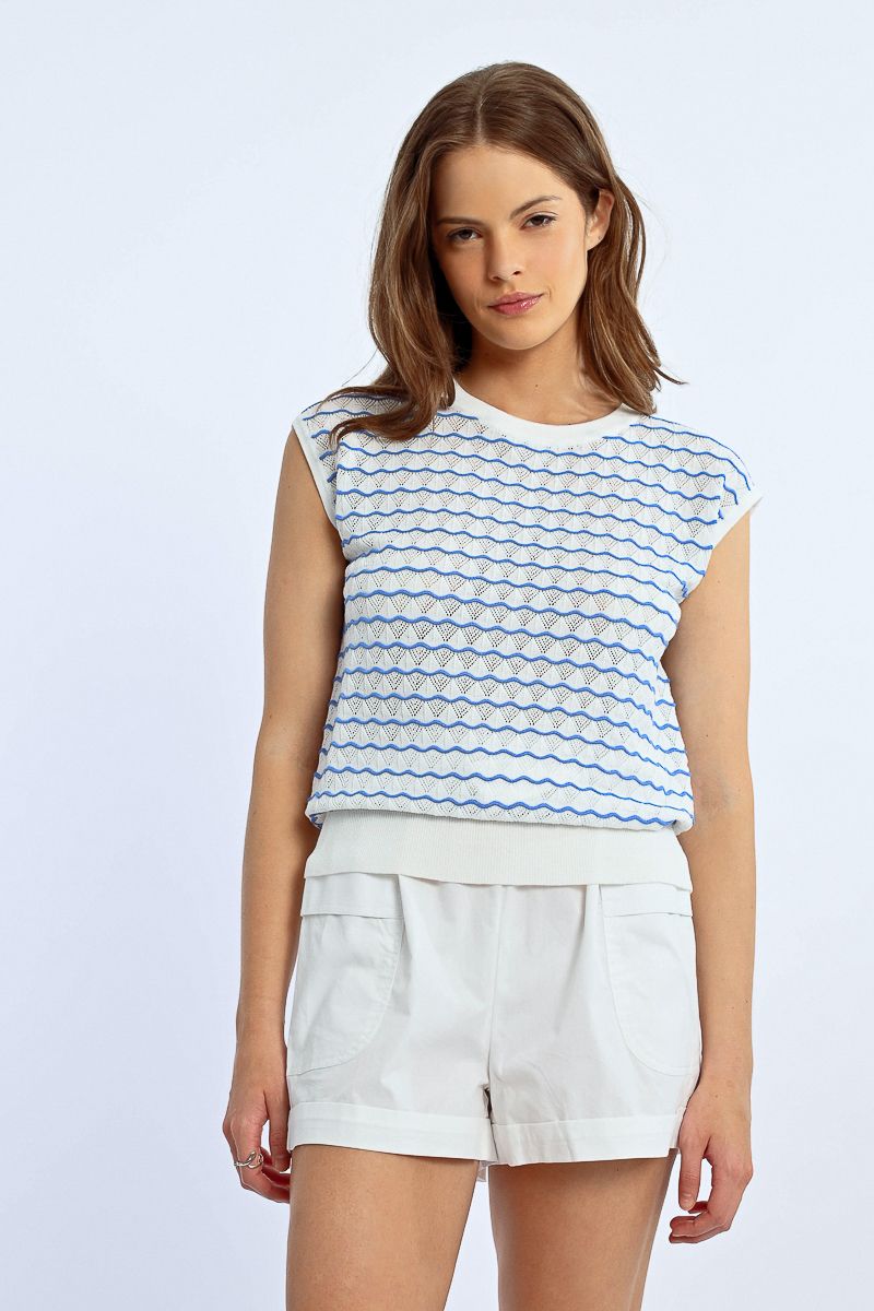 St John Striped Sleeveless Sweater in Offwhite