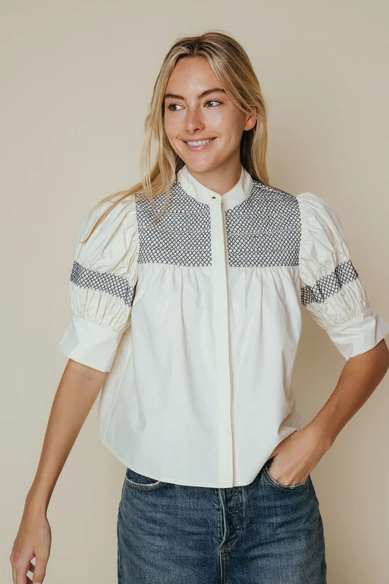 Sutton Blouse in Bone with Navy Stitching