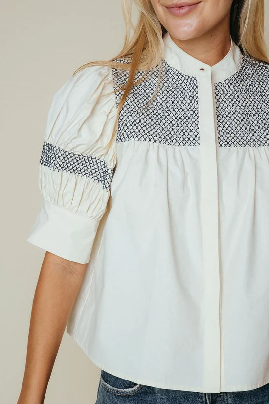 Sutton Blouse in Bone with Navy Stitching