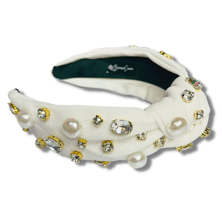 White Twill Headband w/ Pearls & Crystals